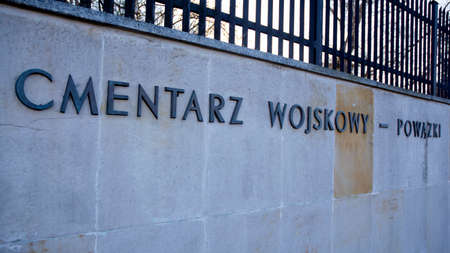 Warsaw, Poland. 15 March 2020. Sign Cmentarz Wojskowy Powazki / Military cemetery Powazki