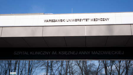 Warsaw, Poland. 17 March 2020. Sign Warszawski Uniwersytet Medyczny - Szpital kliniczny / Medical...