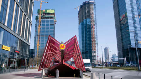 Warsaw, Poland. 27 March 2020. Roundabout Daszynski. New Skyscrapers in the financial district of...