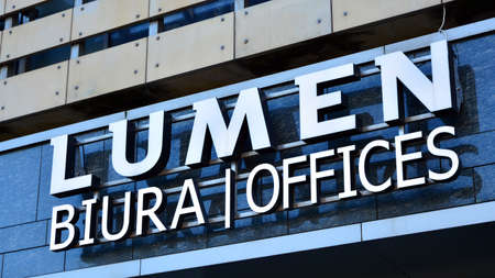 Warsaw, Poland. 8 April 2020. Sign Lumen Offices. Company signboard Lumen Offices.のeditorial素材