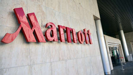 Warsaw, Poland. 8 April 2020. Marriott hotel shut down due to Coronavirus Covid 19 Quarantine social distancingのeditorial素材