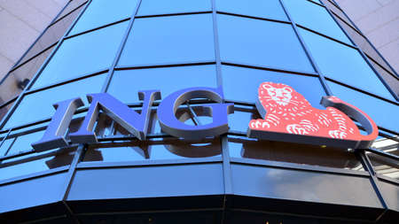 Warsaw, Poland. 8 April 2020. Sign ING. Company signboard ING.のeditorial素材