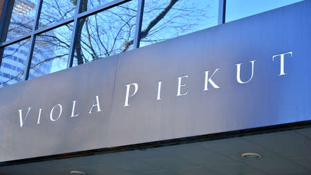 Warsaw, Poland. 8 April 2020. Sign Viola Piekut. Company signboard Viola Piekut.
