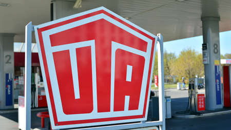 Warsaw, Poland. April 12, 2020. Sign UTA Company signboard UTA.のeditorial素材