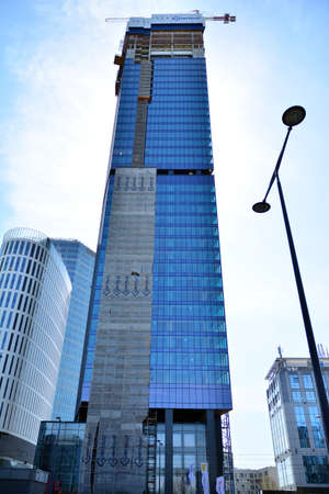 Warsaw, Poland. 16 April 2020. Skyliner office building under construction in Warsaw center...