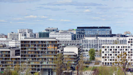 Warsaw, Poland. 18 April 2020. Aerial view of modern skyscrapers and buildings of the city.