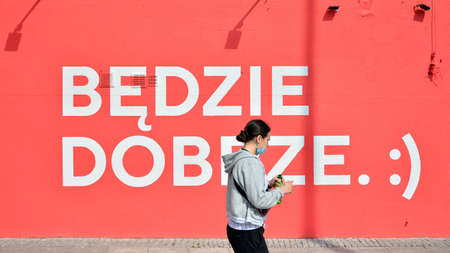 Warsaw, Poland. 30 April 2020. The inscription on the wall in center city: It will be fine :) / Will be good :)のeditorial素材