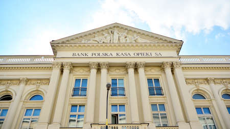 Warsaw, Poland. 30 April 2020. Sign Bank Polska Kasa Opieki SA Company signboard Bank Polska Kasa Opieki SAのeditorial素材