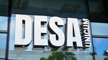Warsaw, Poland. 7 May 2020. Sign Desa Unicum. Company signboard Desa Unicum.