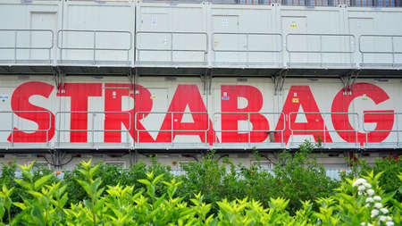 Warsaw, Poland. 15 May 2020. Sign Strabag. Company signboard Strabag.のeditorial素材