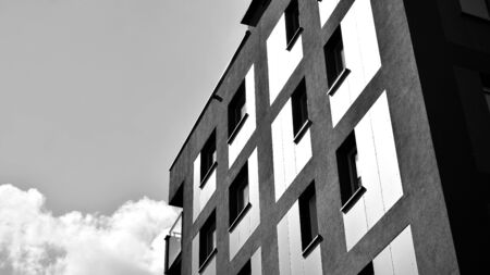 Detail of a new modern apartment building. Black and white.の写真素材