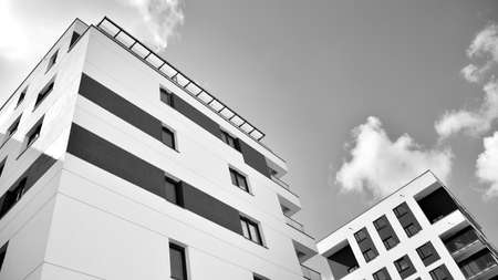Detail of a new modern apartment building. Black and white.のeditorial素材