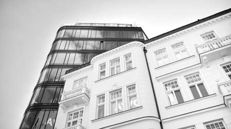 Abstract modern architecture with high contrast black and white tone. Architecture of geometry at glass window - monochrome.のeditorial素材