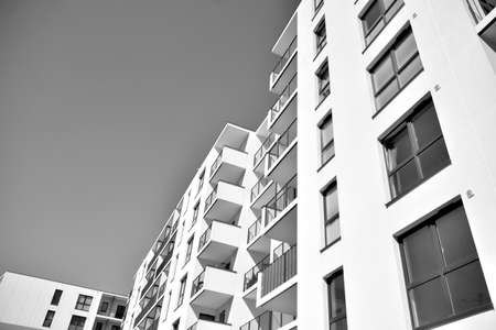 Detail of a new modern apartment building. Black and white.のeditorial素材