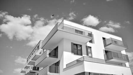 Detail of a new modern apartment building. Black and white.のeditorial素材