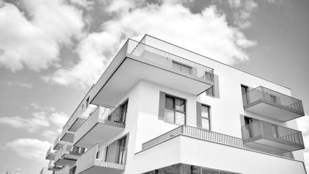 Detail of a new modern apartment building. Black and white.のeditorial素材