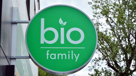 Warsaw, Poland. 14 June 2020. Sign Bio Family. Company signboard Bio Family.のeditorial素材