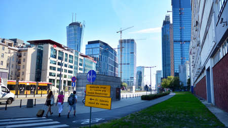 Warsaw, Poland. 26 July 2020. Roundabout Daszynski. New Skyscrapers in the financial district of downtown Warsaw. New buildings being built.のeditorial素材