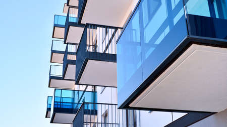Architectural details of modern apartment building. Modern european residential apartment building...