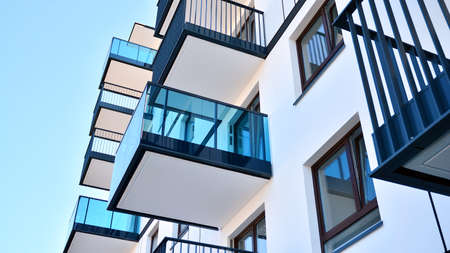Architectural details of modern apartment building. Modern european residential apartment building...
