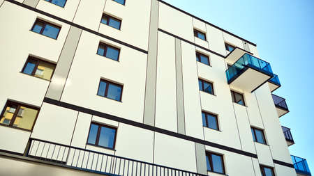 Architectural details of modern apartment building. Modern european residential apartment building...