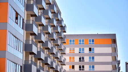 Architectural details of modern apartment building. Modern european residential apartment building complex.の写真素材