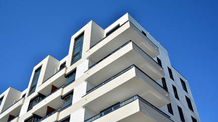 Architectural details of modern apartment building. Modern european residential apartment building complex.の写真素材