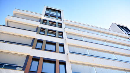 Architectural details of modern apartment building. Modern european residential apartment building complex.の写真素材