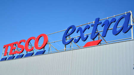 Warsaw, Poland. 3 September 2020. Sign Tesco Extra. Company signboard Tesco Extra.