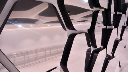 Warsaw, Poland. 8 September 2020. Interior of modern shopping mall in HUB office building.