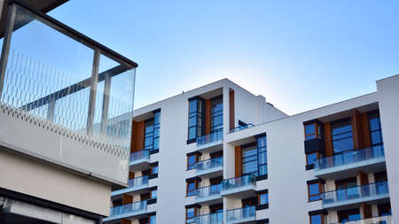 Architectural details of modern apartment building. Modern european residential apartment building...