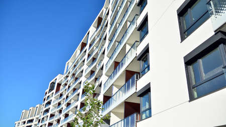 Architectural details of modern apartment building. Modern european residential apartment building...