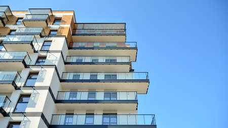 Architectural details of modern apartment building. Modern european residential apartment building...