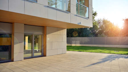 Architectural details of modern apartment building. Modern european residential apartment building...