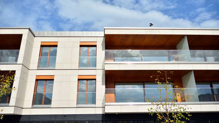 Estate property and condo architecture. Fragment of modern residential flat with apartment building...