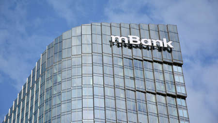 Warsaw, Poland. 27 October 2020. Sign mBank. Company signboard mBank.のeditorial素材