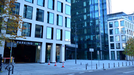 Warsaw, Poland. 1 November 2020. Varso Place office building. Facade texture of a glass mirrored...