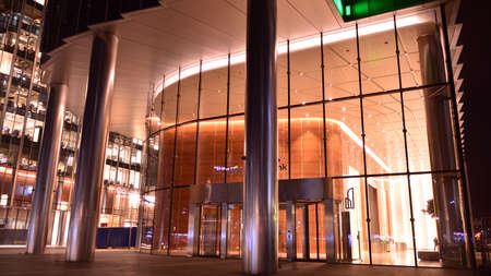 Warsaw, Poland. 24 November 2020. Modern office building Wieza mBank in night.のeditorial素材