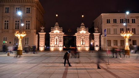 Warsaw, Poland. 25 December 2020. Night view of historic street in Christmas decoration at winter night.のeditorial素材
