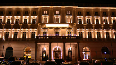 Warsaw, Poland. 25 December 2020. Raffles Europejski Warsaw at night. View from the streetのeditorial素材