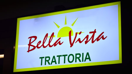 Warsaw, Poland. 10 January 2021. Sign Bella Vista Trattoria. Company signboard Bella Vista Trattoria.のeditorial素材