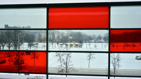 Warsaw, Poland. 17 January 2021. Warszawa Stadion is a railway station, located in the district of Praga Poludnie close to the National Stadium during beautiful snowy winter.のeditorial素材