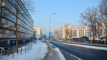 Warsaw, Poland. 18 January 2021. A modern residential area on a frosty winter morning.のeditorial素材