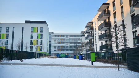 Warsaw, Poland. 18 January 2021. A modern residential area on a frosty winter morning.のeditorial素材