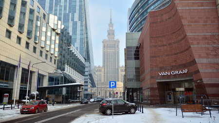 Warsaw, Poland. 18 January 2021. Business center of the city on a frosty winter morning.