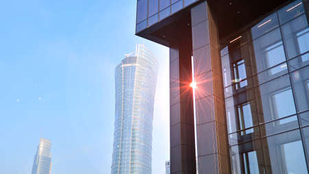 Concept for real estate and corporate construction..The modern office building of the orange morning...