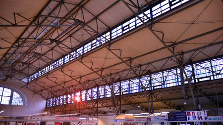 Warsaw, Poland. 26 January 2021. Interior of Historic building Hala Mirowska. Market and food hall.のeditorial素材