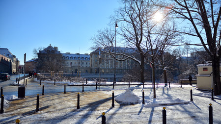 Warsaw, Poland. 31 January 2021. Old town is the historic center of Warsaw. Sights of Poland. Snow day. Winter, architecture concept.のeditorial素材