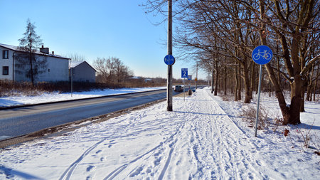 Warsaw, Poland. 31 January 2021. Residential neighborhood in the suburbs during a white snow storm and roads covered in snow.のeditorial素材
