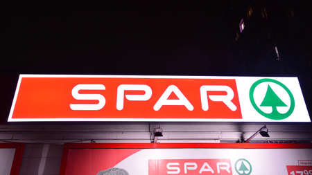 Warsaw Poland. 1 March 2021. Spar logo sign. Company signboard Spar.のeditorial素材